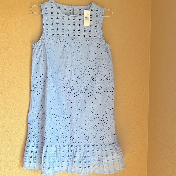 NWT Loft Dress Eyelet Flounce Shift Dress Baby Blue 4 - Picture 7 of 11